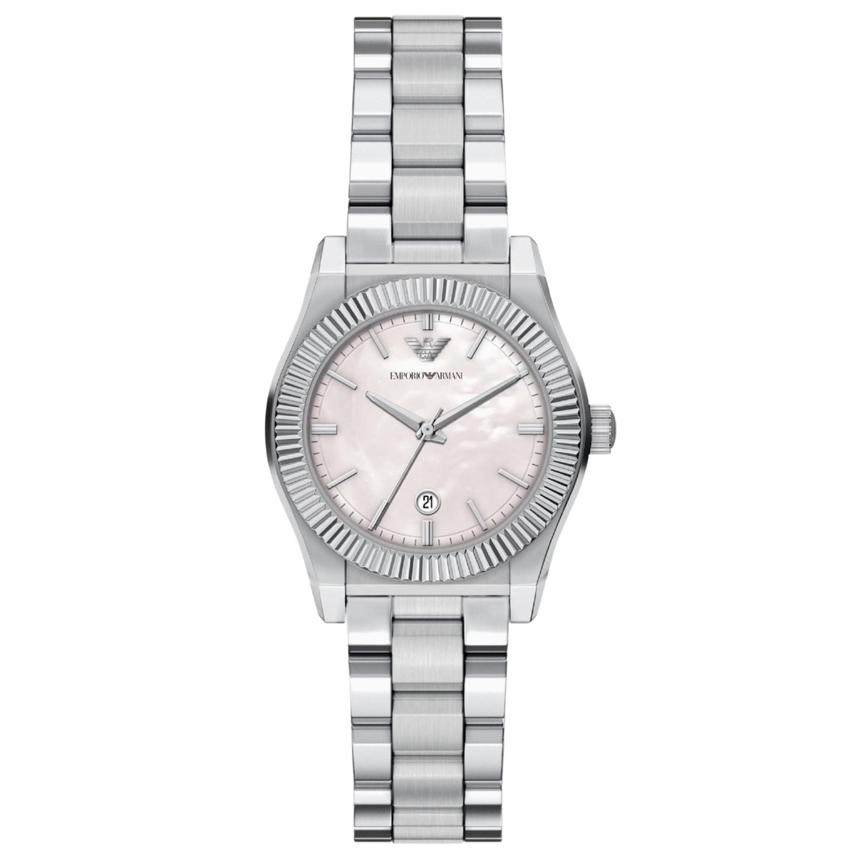 Emporio Armani Federica AR11802 womens quartz watch featuring a silver-tone stainless steel case, fluted bezel, mother of pearl dial with baton indices, date window, and matching metallic bracelet