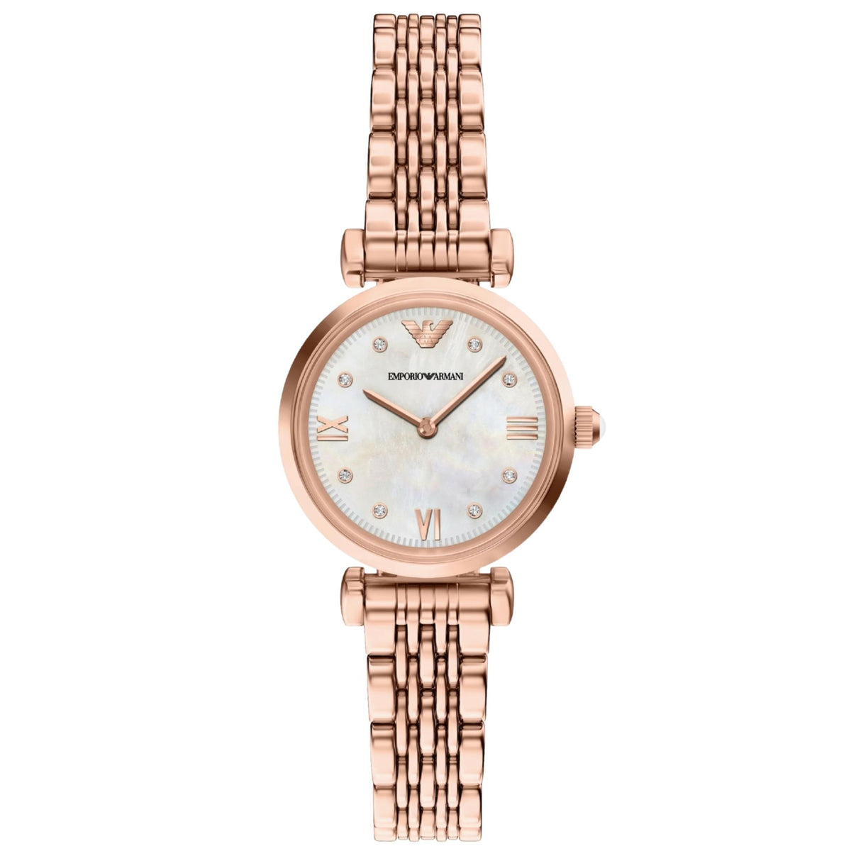 Emporio Armani Gianni AR11805 ladies quartz watch featuring a rose gold-tone stainless steel case, mother of pearl dial with crystal markers, Roman numerals, and a fine multi-link steel bracelet