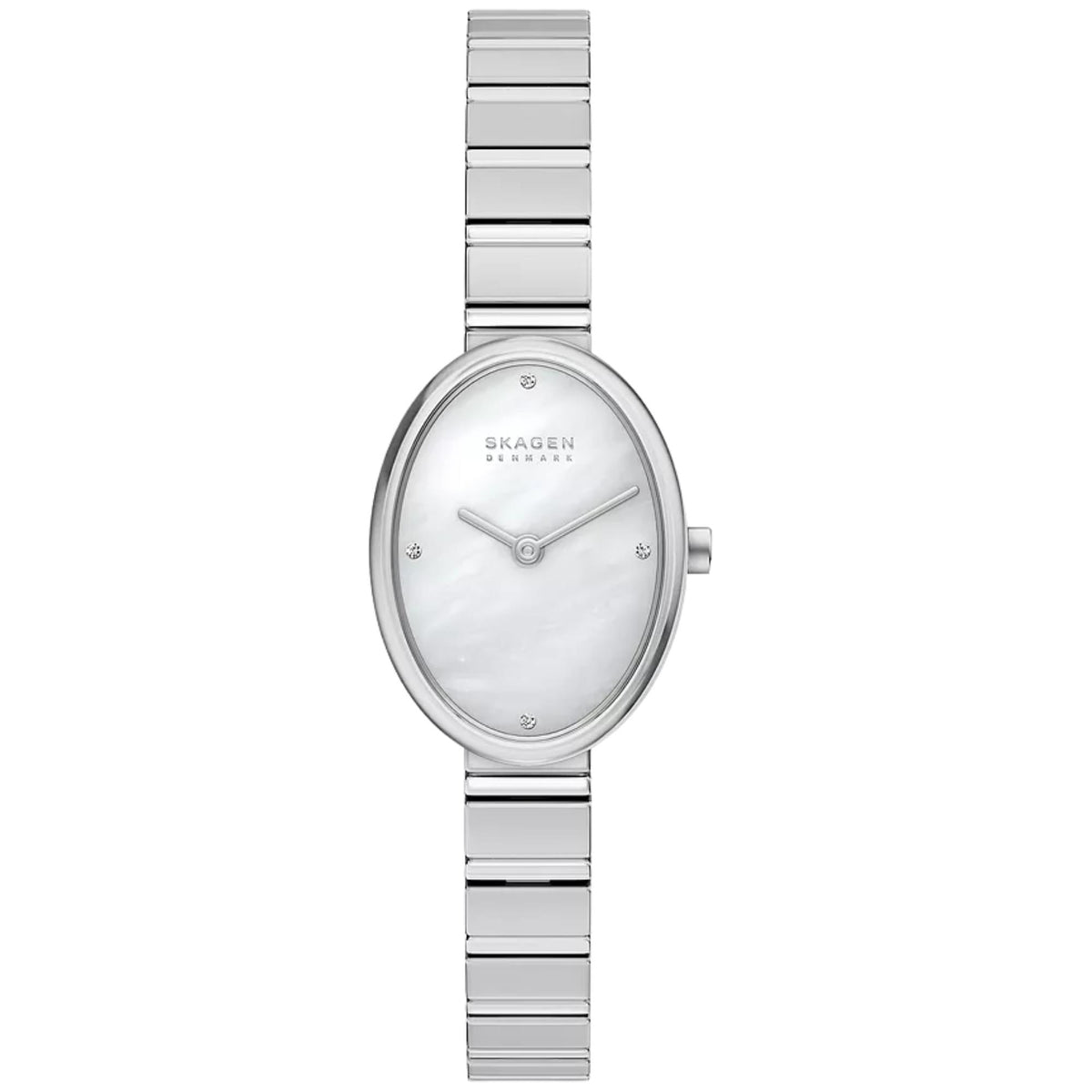 Skagen Anita Oval SKW3182 front view showing mother of pearl dial with steel case profile and bracelet strap