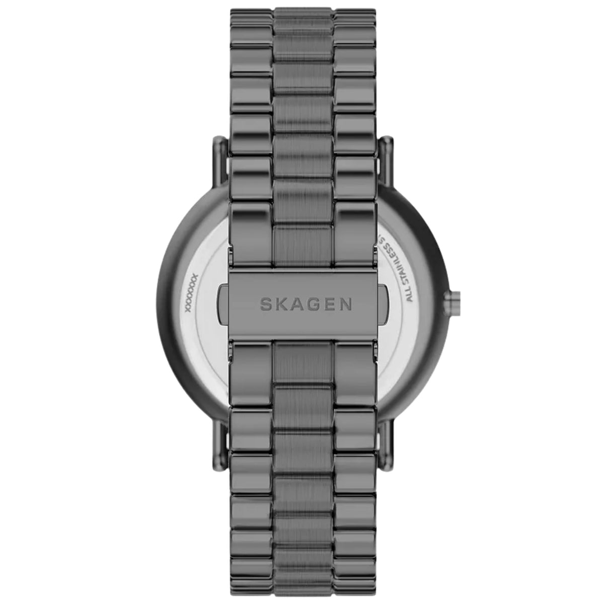 Skagen Signatur SKW6951 back case view showing engraved brand logo and steel bracelet clasp