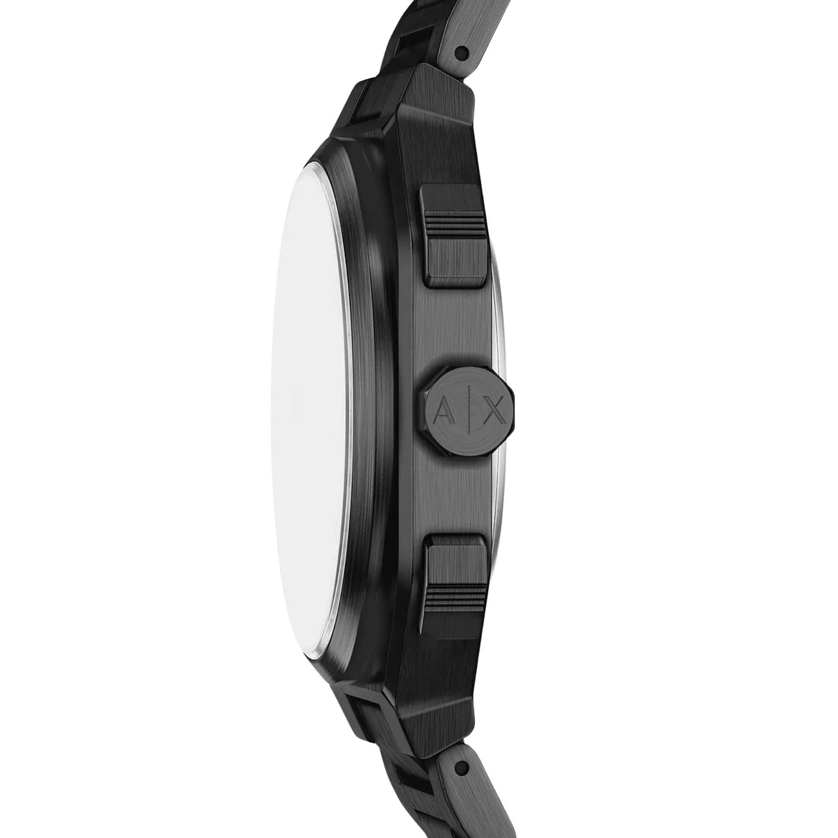 Armani Exchange Bass AX1478 side profile view highlighting steel case construction, crown, and pushers
