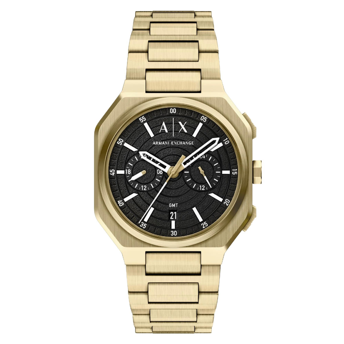 Armani Exchange Bass AX1476 front view showing black dual-time dial with sub-dials and steel bracelet