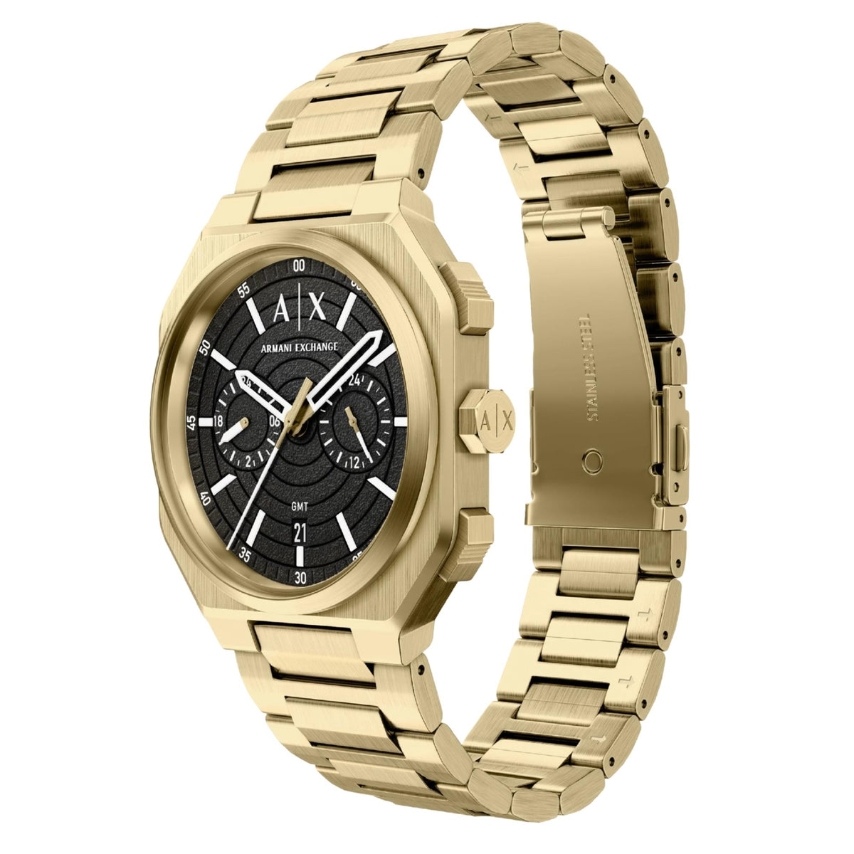 Armani Exchange Bass AX1476 three-quarter view displaying octagonal case profile and steel bracelet links
