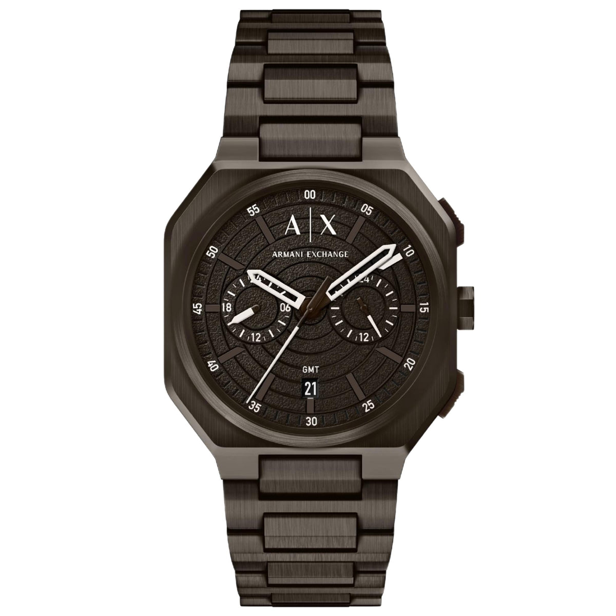 Armani Exchange Bass AX1479 front view showing black dual-time dial with sub-dials and steel bracelet