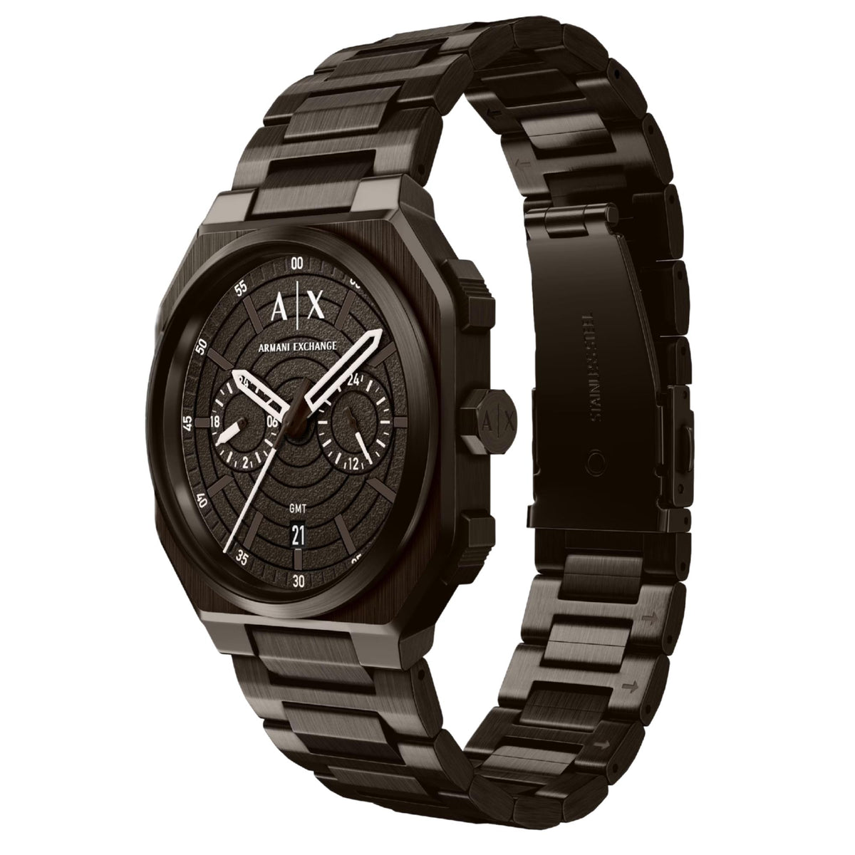 Armani Exchange Bass AX1479 three-quarter view displaying octagonal case profile and steel bracelet links