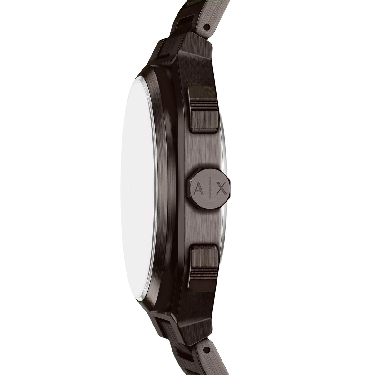 Armani Exchange Bass AX1479 side profile view highlighting steel case construction, crown, and pushers
