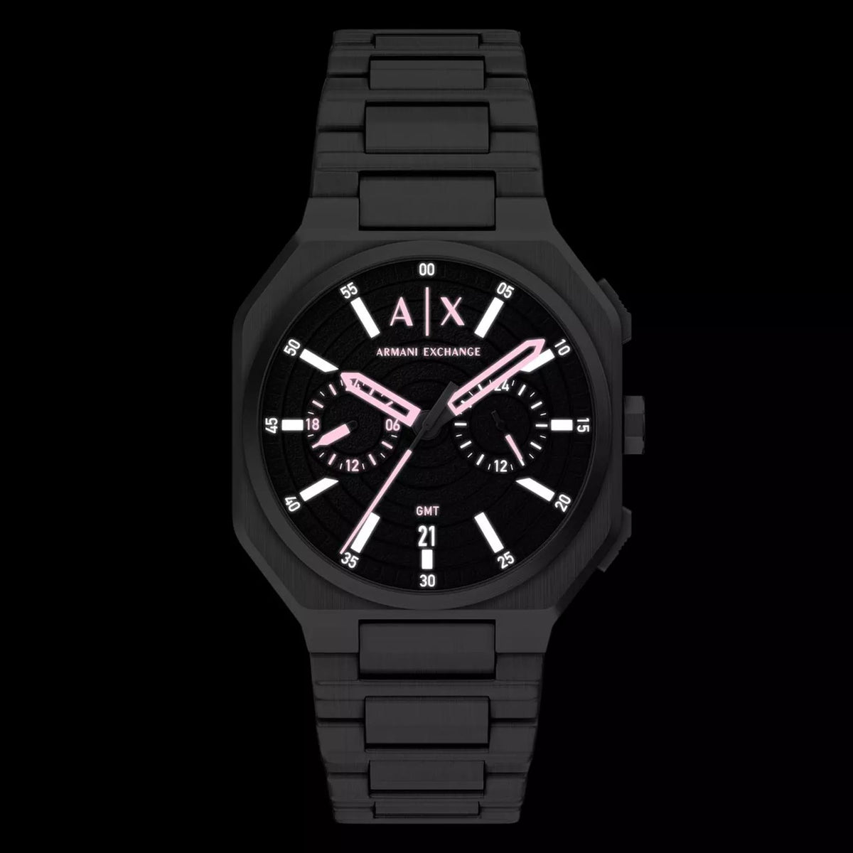 Armani Exchange Bass AX1475 front view with dark watch face detailing and steel bracelet