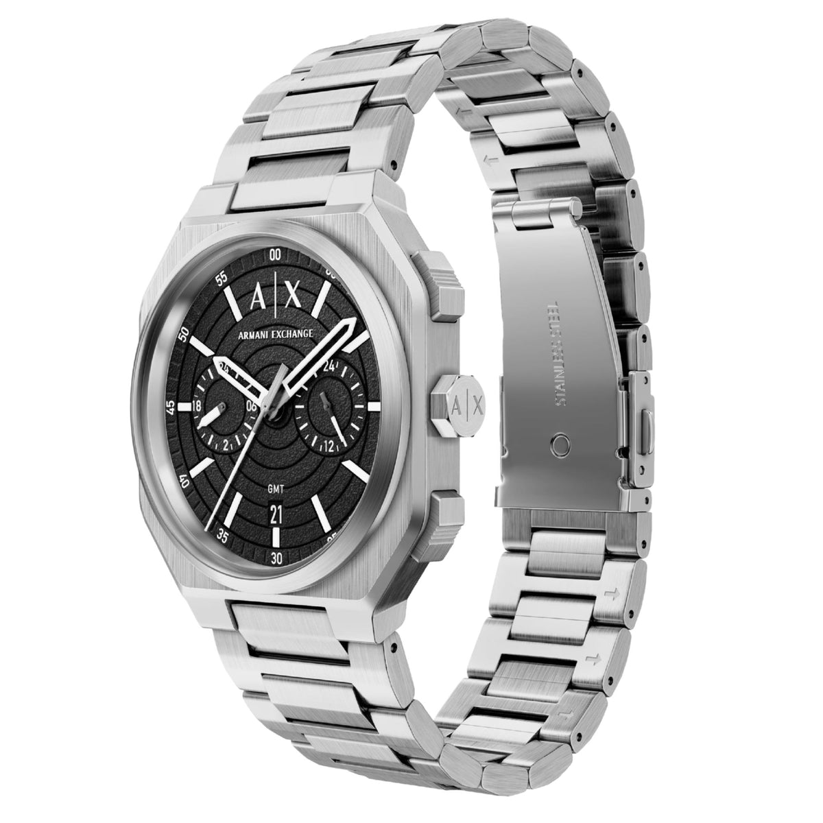 Armani Exchange Bass AX1475 three-quarter view displaying octagonal case profile and steel bracelet links