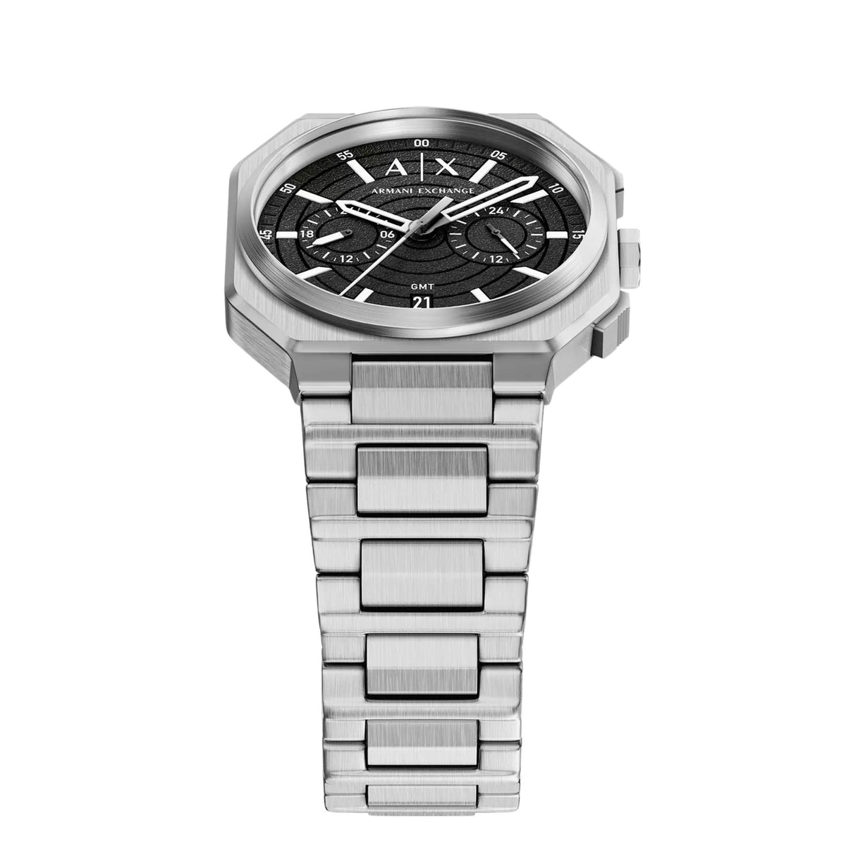 Armani Exchange Bass AX1475 angled front view showcasing textured dial details and steel bracelet construction