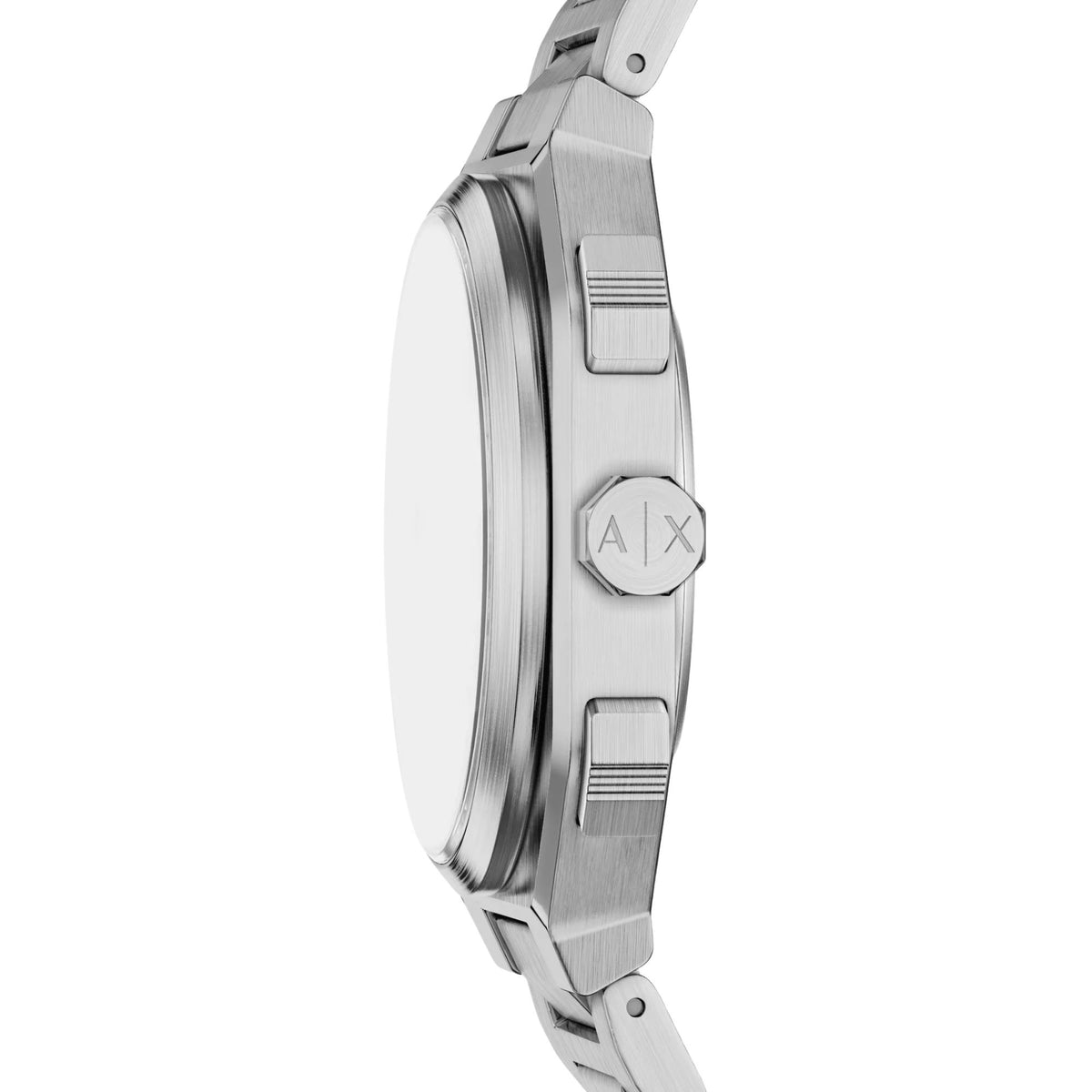 Armani Exchange Bass AX1475 side profile view highlighting steel case construction, crown, and pushers