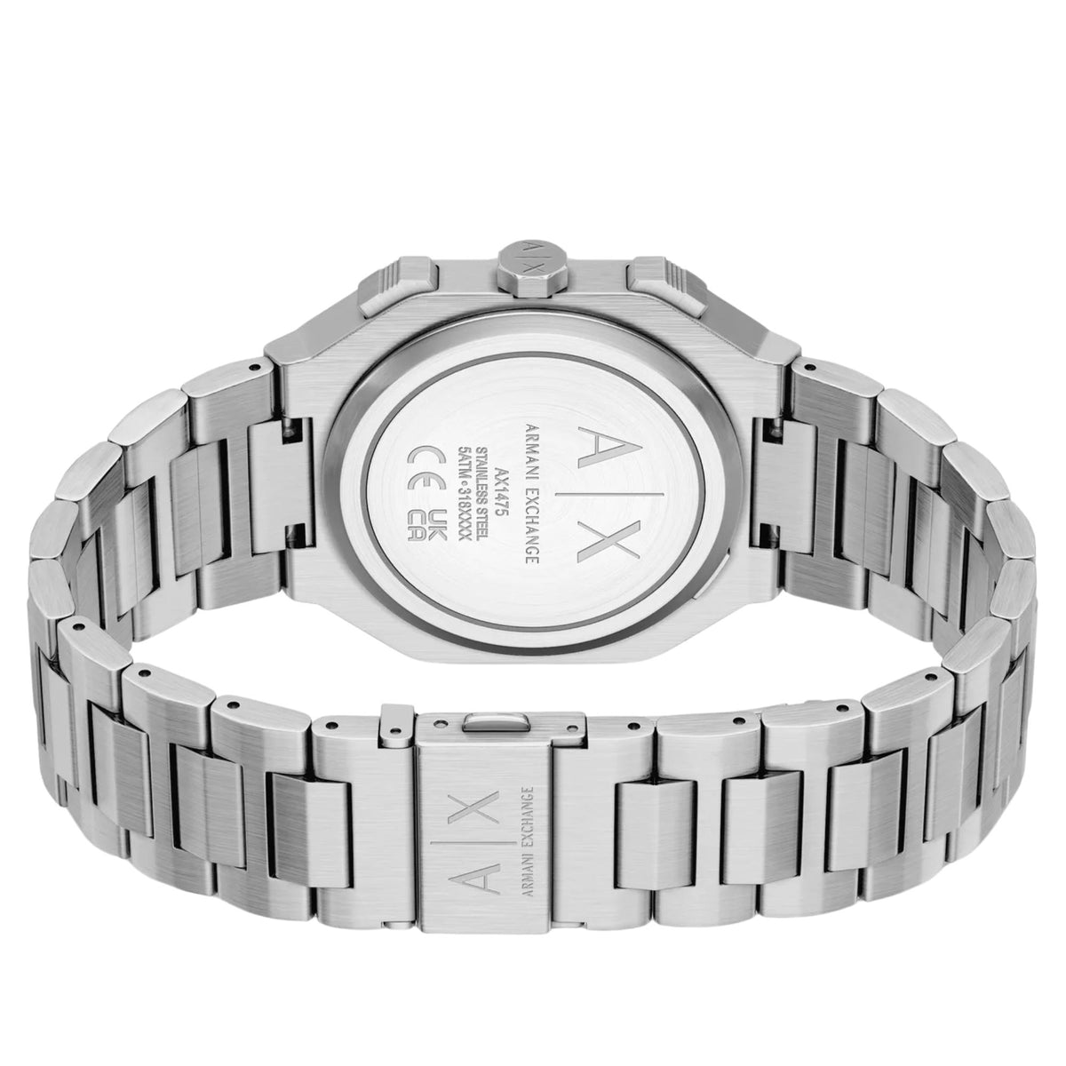 Armani Exchange Bass AX1475 back view displaying engraved steel case back, specifications, and bracelet deployment clasp