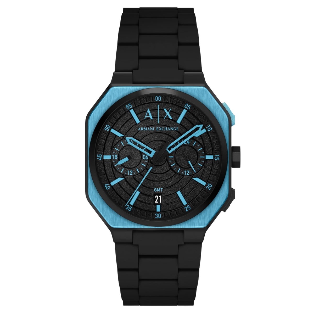 Armani Exchange Bass AX1480 front view showing dual-time black dial with octagonal case profile and bracelet