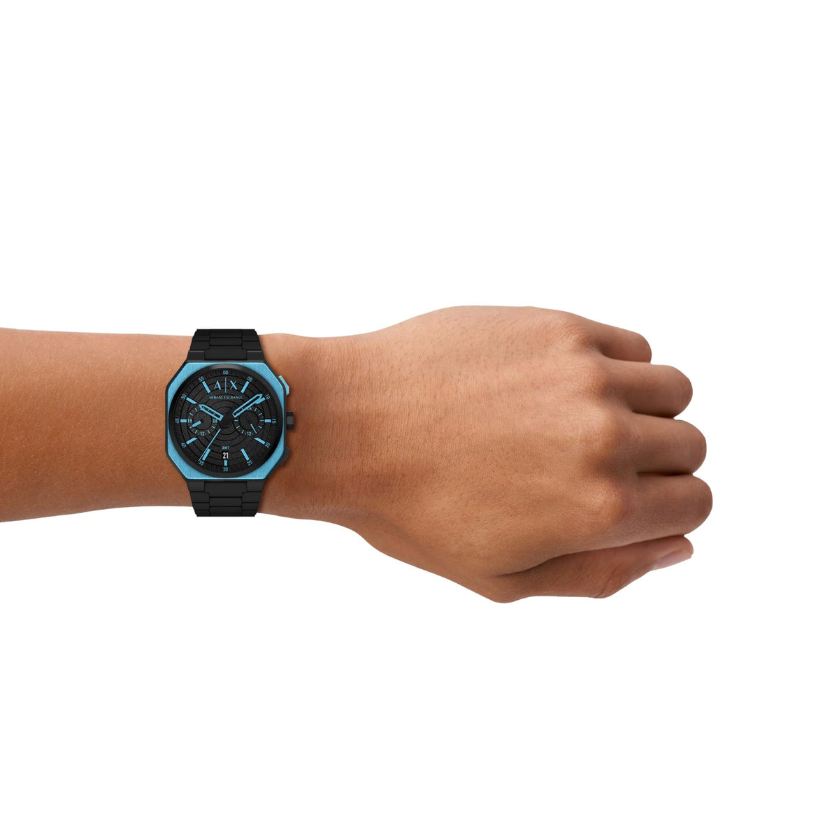 Armani Exchange Bass AX1480 lifestyle wrist shot featuring mens black dial watch with a matching bracelet