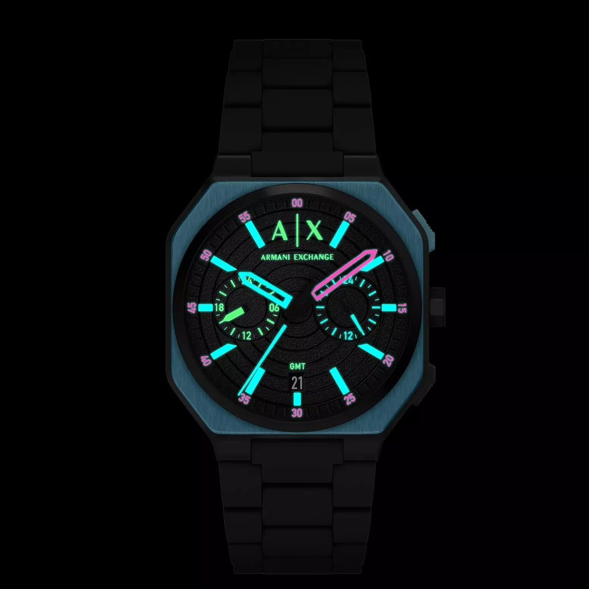 Armani Exchange Bass AX1480 front view showing luminous dual-time black dial display and bracelet