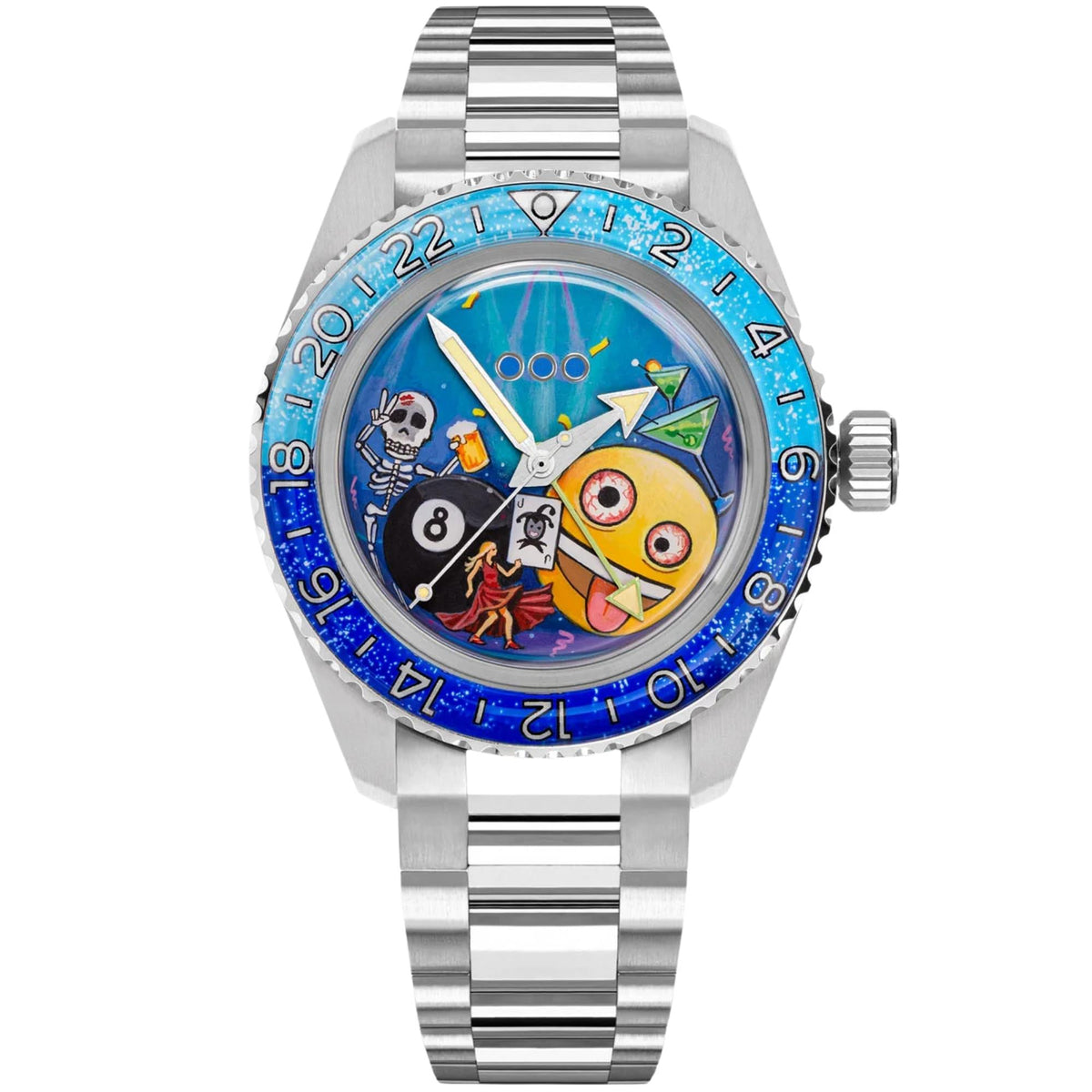 Out of Order x IFL Watches Shaker Happy Hour OOO.001-25.HH.BAND.SS mens automatic watch featuring a hand-painted dial, two-tone blue rotating bezel, and stainless steel link bracelet