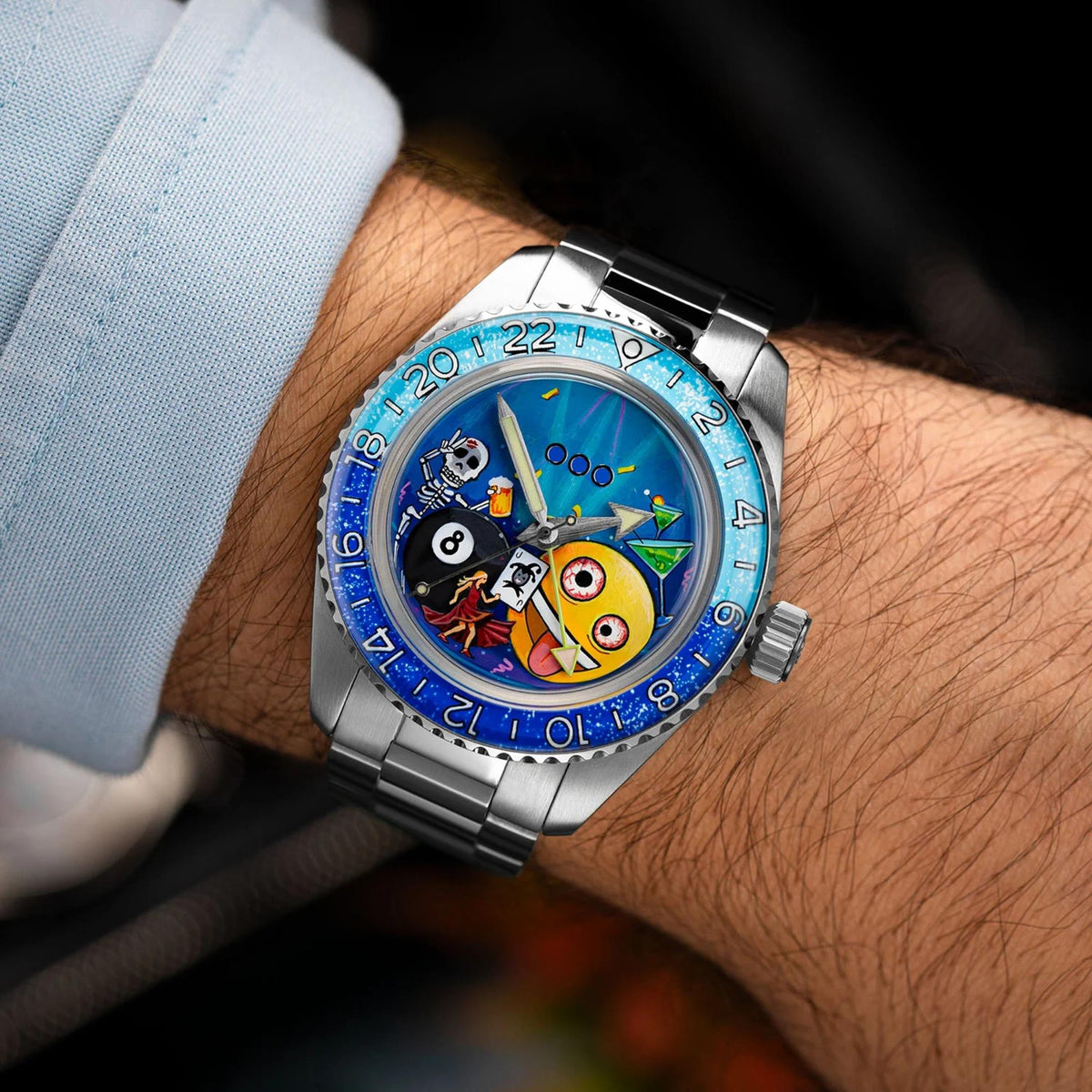Out of Order x IFL Watches Shaker Happy Hour OOO.001-25.HH.BAND.SS timepiece worn on wrist showcasing the hand-painted artwork, steel case, and dual-colour bezel