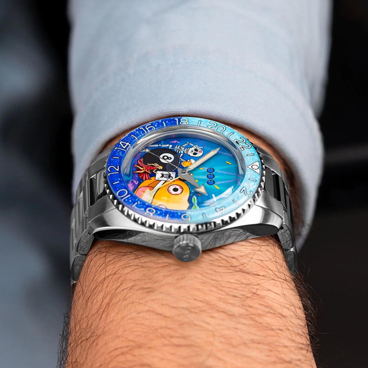Side perspective of the Out of Order x IFL Watches OOO.001-25.HH.BAND.SS timepiece on a wrist, featuring a 40mm steel case, knurled crown, and hand-painted dial detail
