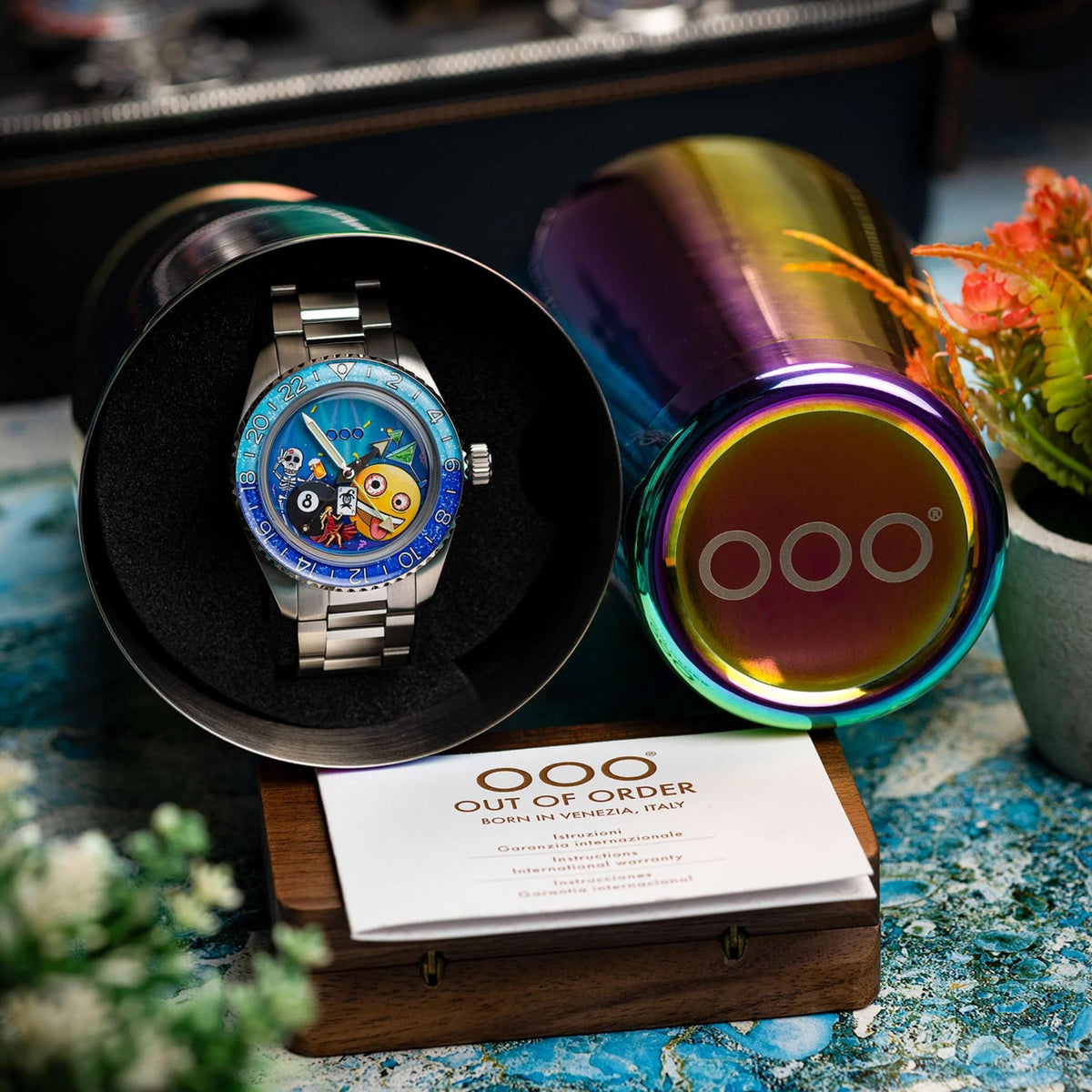 Out of Order x IFL Watches Shaker Happy Hour OOO.001-25.HH.BAND.SS watch presented alongside its custom cocktail shaker packaging, warranty papers, and wooden box