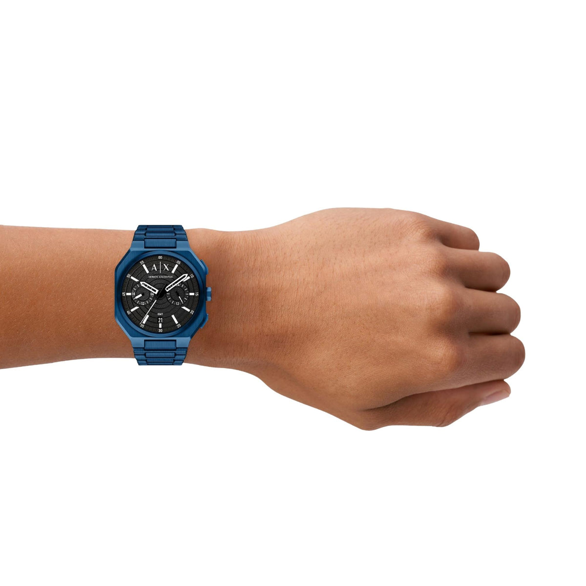 Armani Exchange Bass AX1477 lifestyle wrist shot featuring mens black dial watch with a steel bracelet