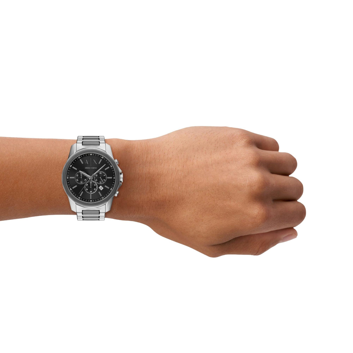 Armani Exchange Banks AX7181SET lifestyle wrist shot featuring mens black dial watch with a steel bracelet