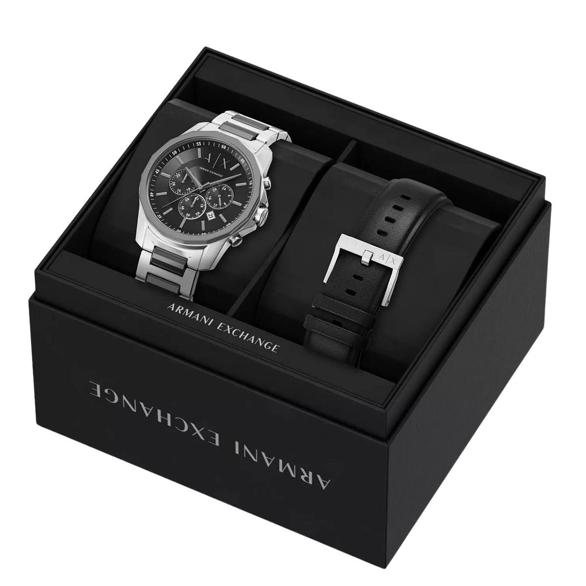 Armani Exchange Banks AX7181SET presentation gift box featuring mens chronograph watch set with an interchangeable strap