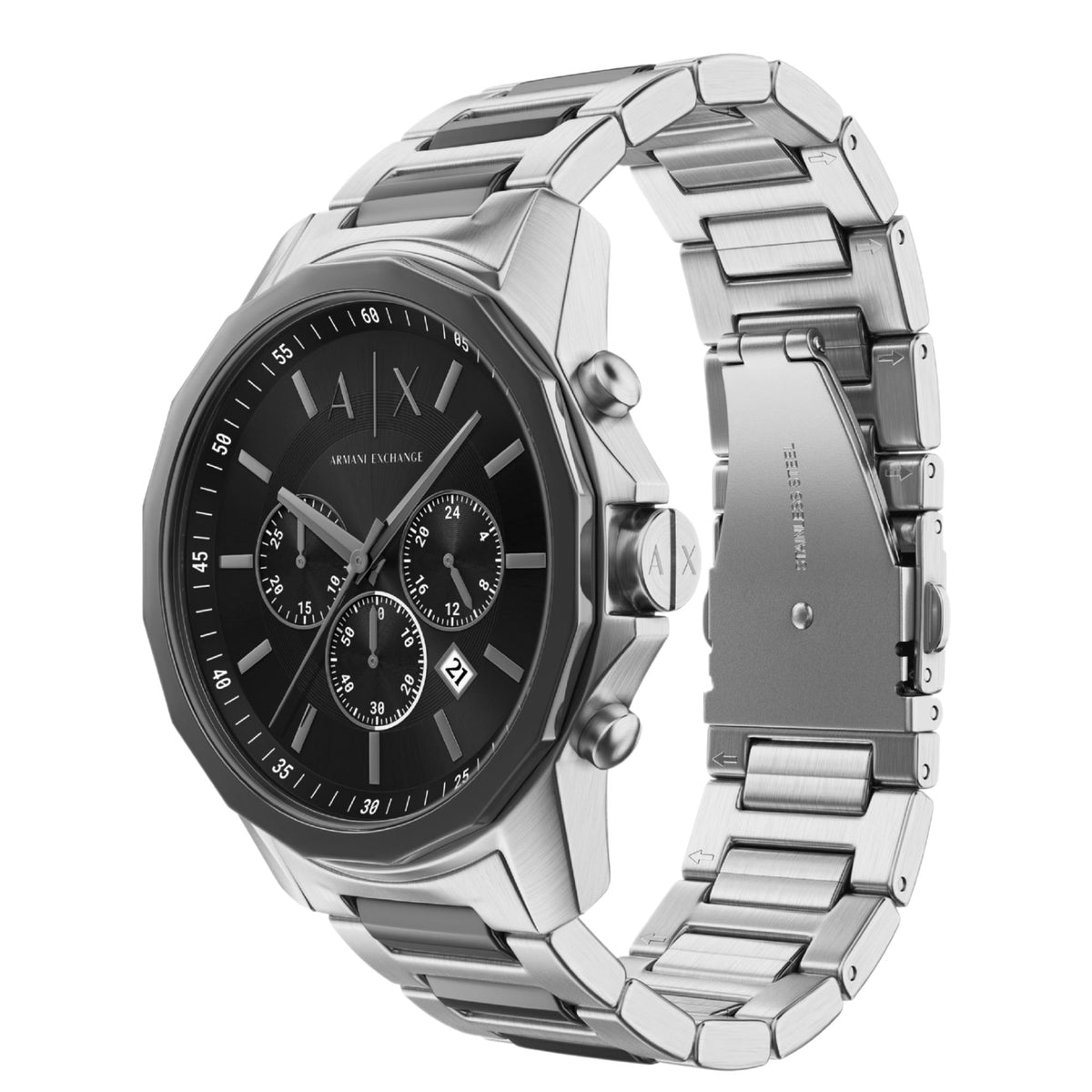 Armani Exchange Banks AX7181SET three-quarter view displaying steel case profile and bracelet links