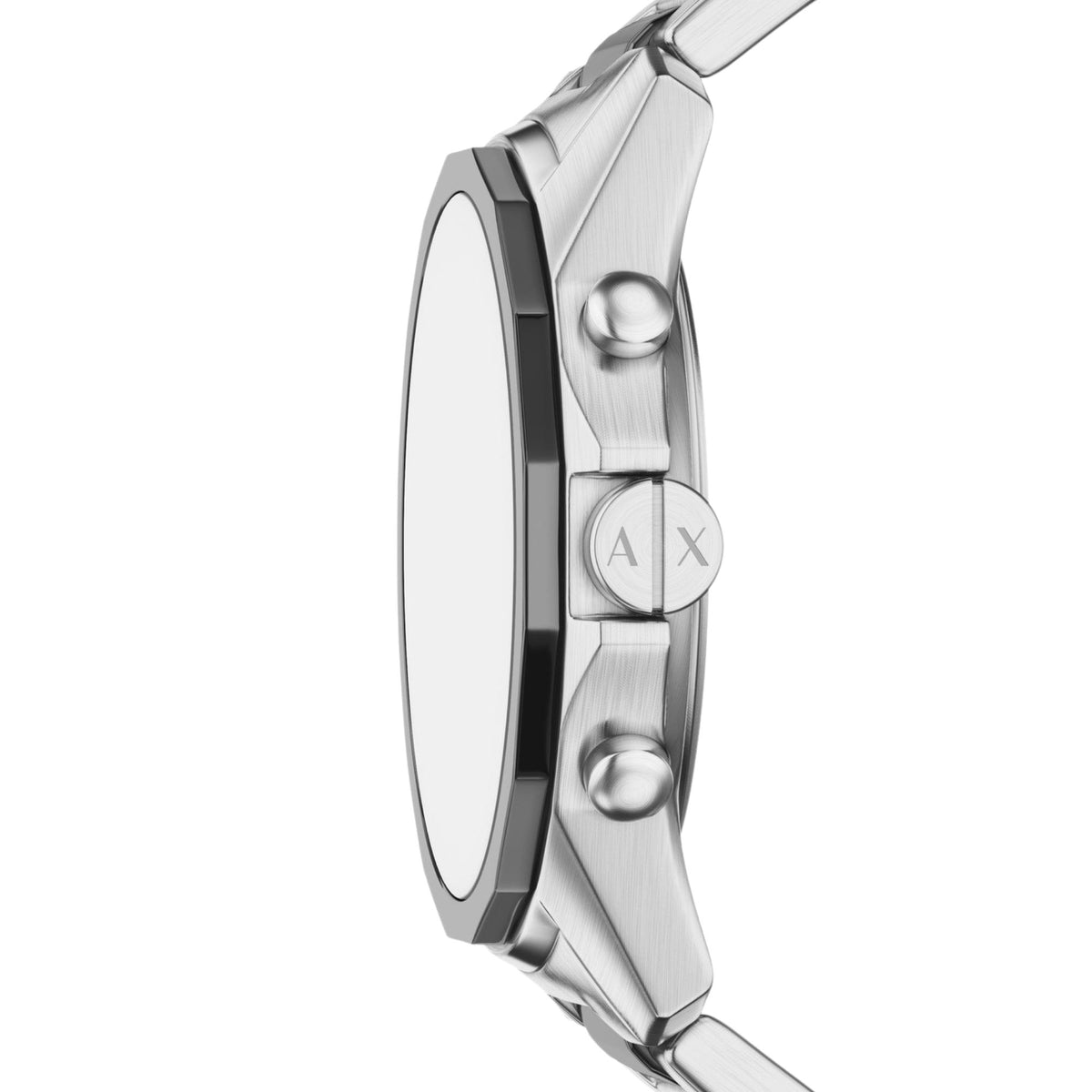 Armani Exchange Banks AX7181SET side profile view highlighting steel case construction, crown, and pushers