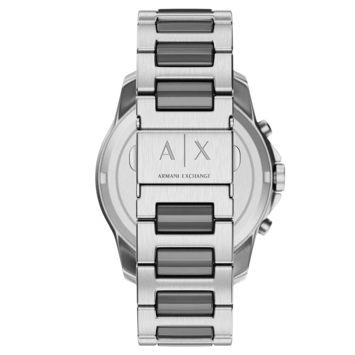 Armani Exchange Banks AX7181SET back view showing steel bracelet clasp engraved with brand logo