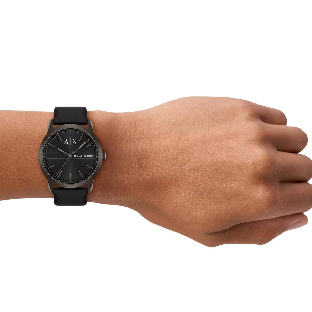 Armani Exchange Lexon AX2652 lifestyle wrist shot featuring mens black dial watch with a silicone strap