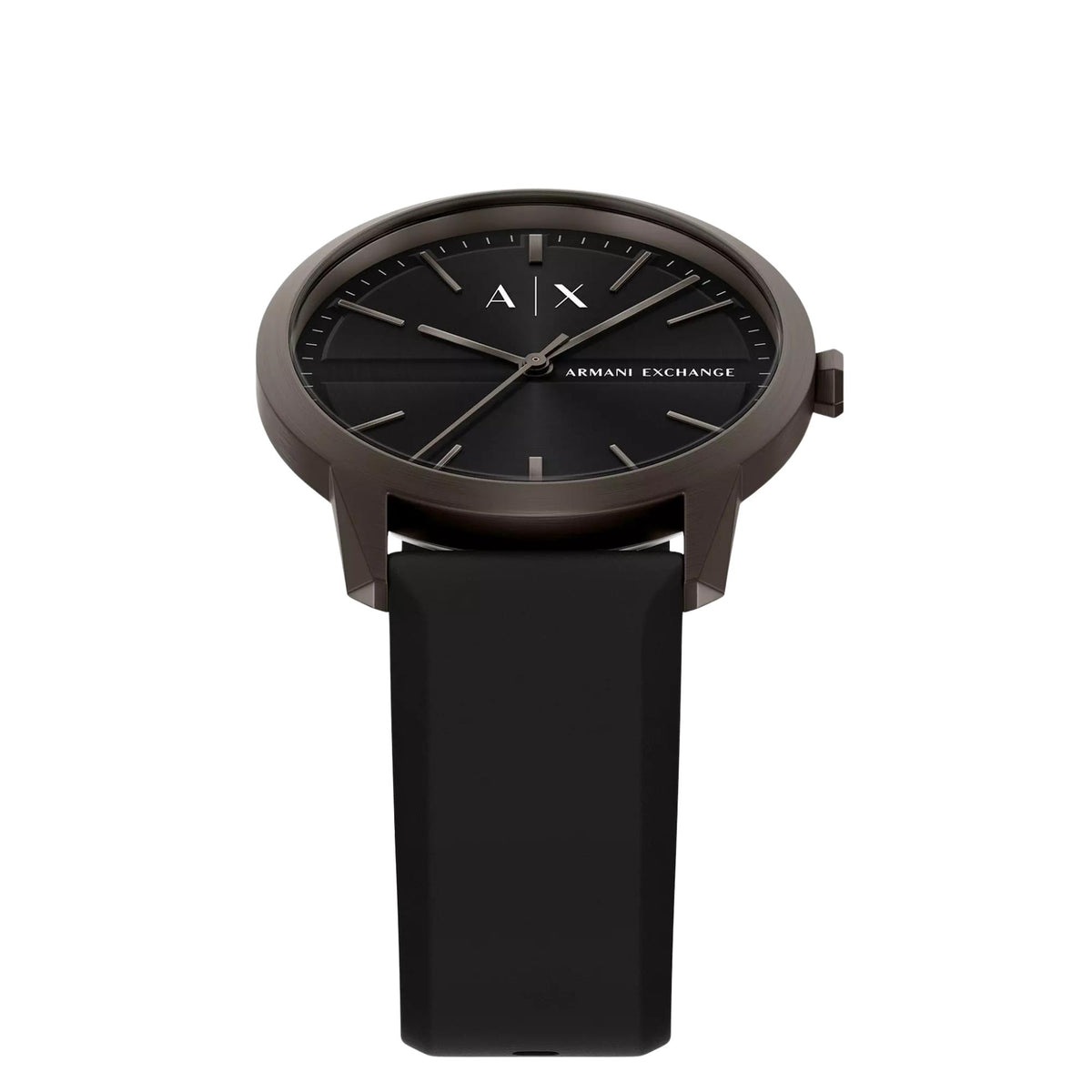 Armani Exchange Lexon AX2652 angled perspective highlighting black dial and silicone strap structure