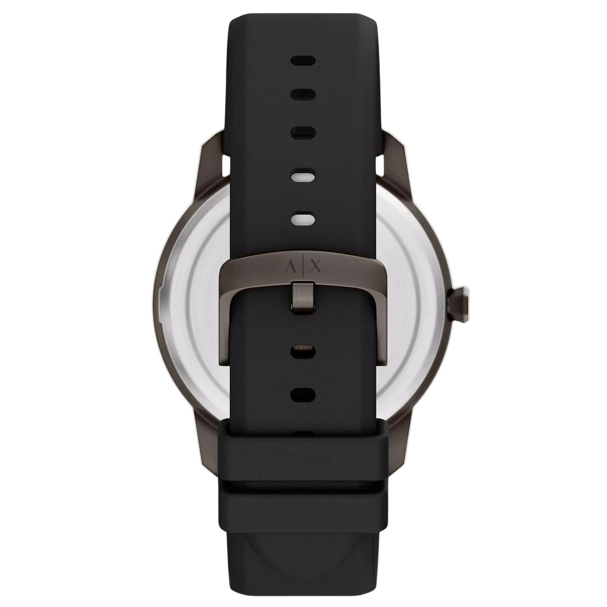 Armani Exchange Lexon AX2652 rear view displaying silicone strap pin buckle engraved with brand logo