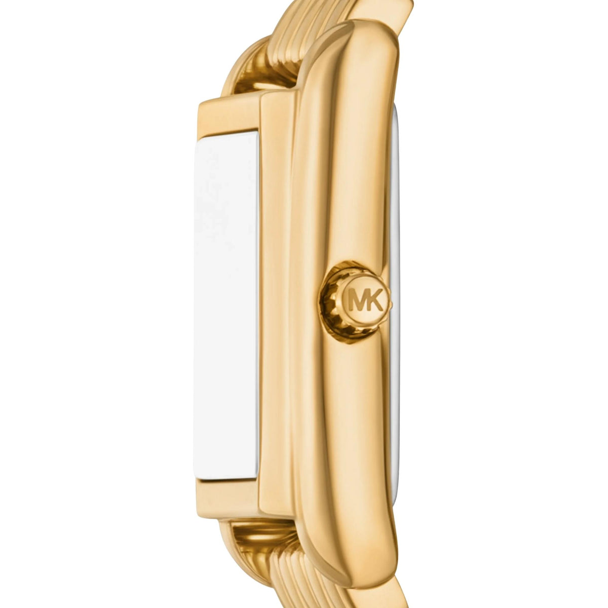 Michael Kors Petite 24mm MK7632 side profile view featuring the slim gold-tone case, curved bezel silhouette, and winding crown with MK logo detail