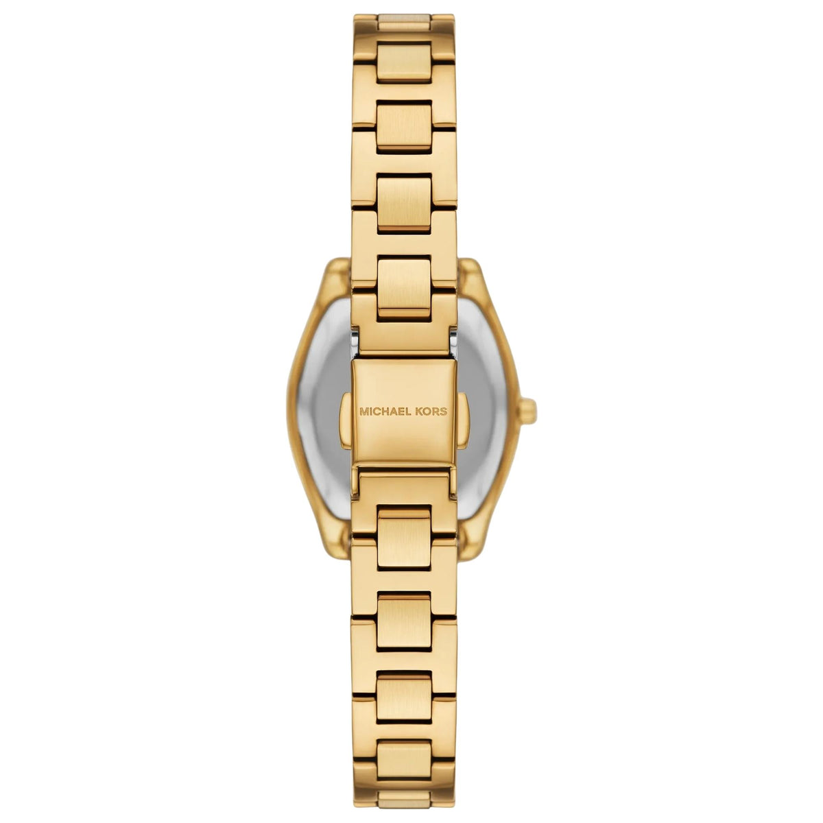 Michael Kors Petite Chelsea Pavé 25mm MK7618 back view showcasing the gold-tone link bracelet and folding clasp engraved with Michael Kors branding