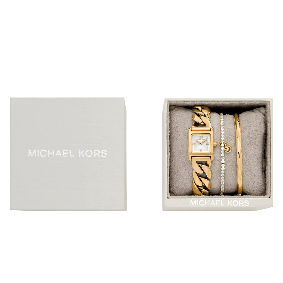 Michael Kors Georgie 19mm MK7655SET womens quartz watch gift set presented inside an open branded cream display box with soft inner cushion
