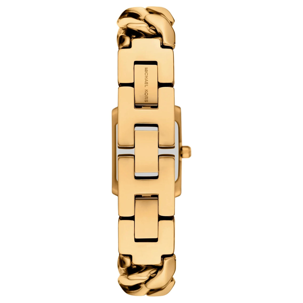 Michael Kors Georgie 19mm MK7655SET back view highlighting the gold tone link bracelet structure and jewelry clasp closure engraved with Michael Kors text