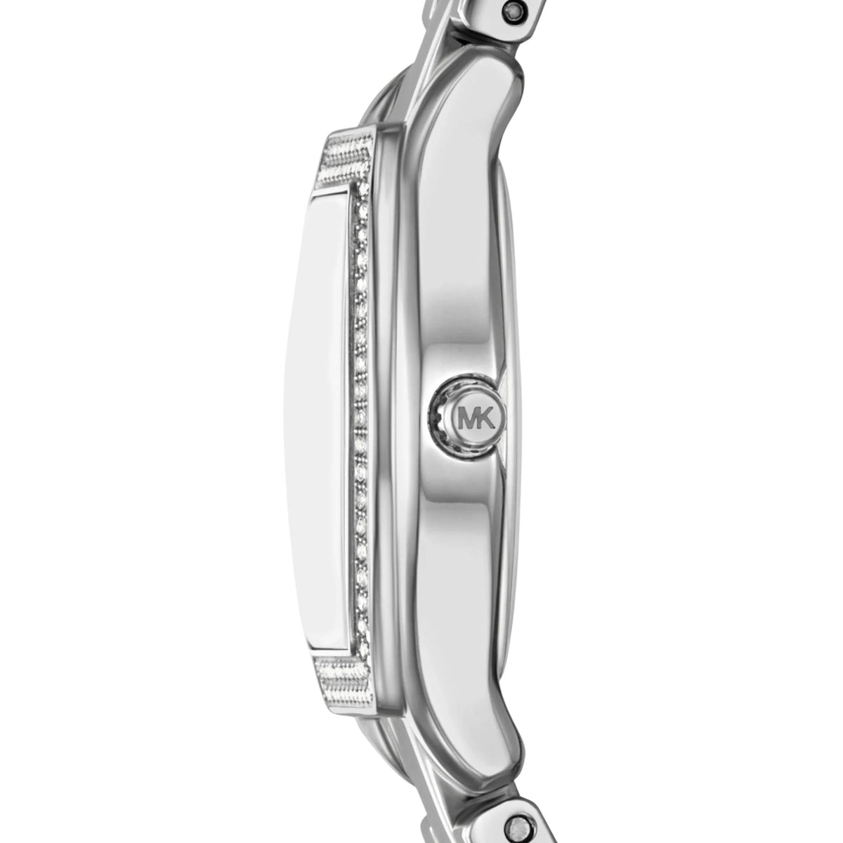 Michael Kors Chelsea Pavé 25mm MK7621 side profile view featuring the silver-tone tonneau case, pavé stone detailing on the bezel edge, and crown with MK logo
