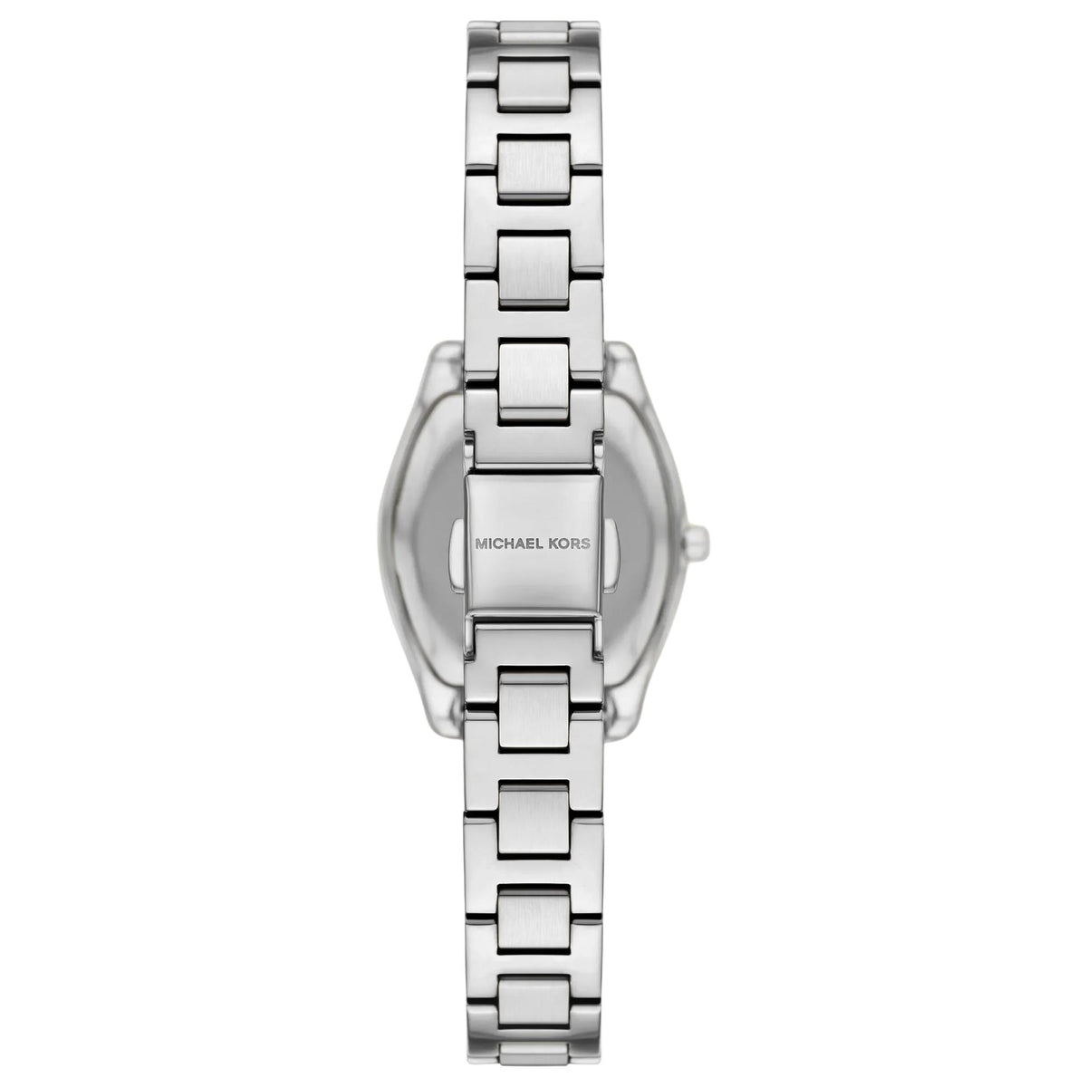 Michael Kors Chelsea Pavé 25mm MK7621 back view showcasing the silver-tone link bracelet and folding clasp engraved with Michael Kors branding