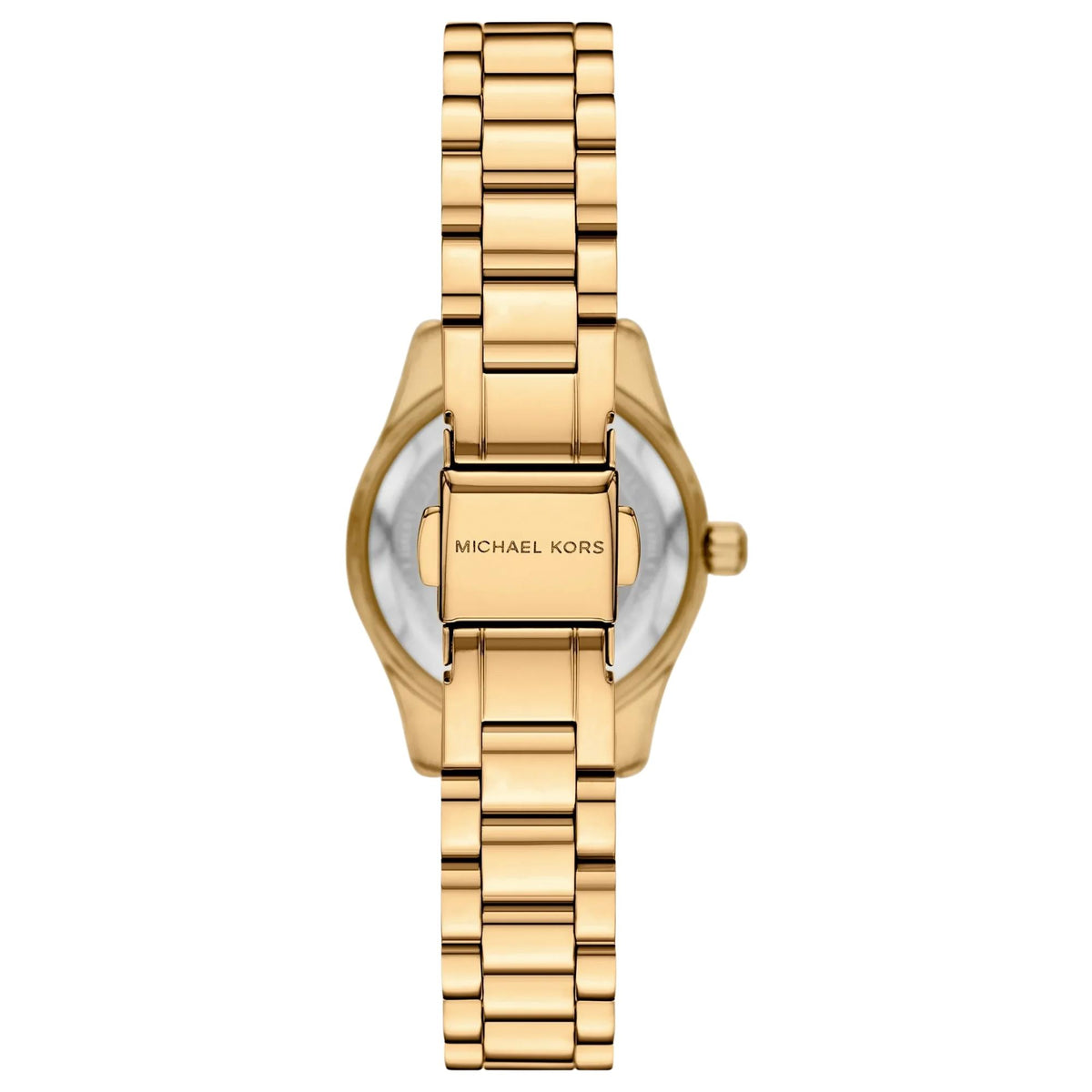 Michael Kors Lexington Gold Dial MK7659SET back view highlighting the gold tone stainless steel link bracelet and deployment clasp with engraved Michael Kors text