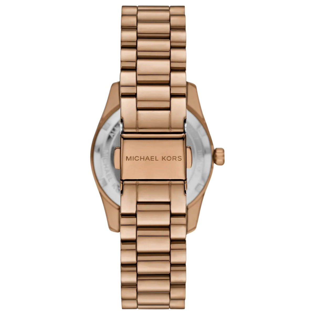 Michael Kors Lexington Pavé 33mm MK7631 back view showcasing the metallic link bracelet and push button clasp engraved with Michael Kors branding