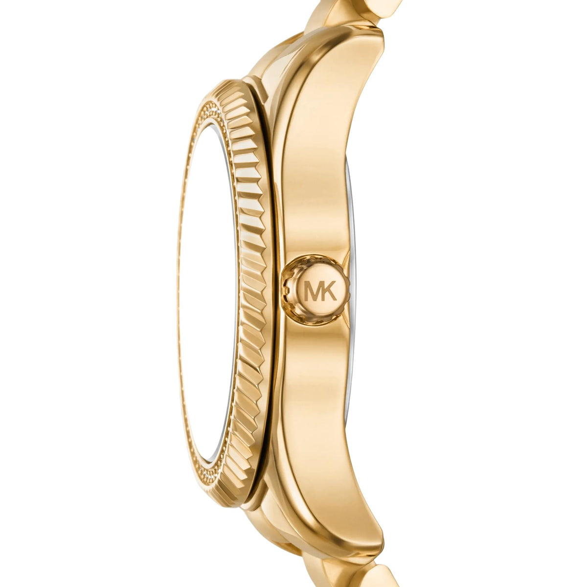 Michael Kors Lexington Pavé 33mm Green Dial MK7622 side profile view featuring the gold-tone case thickness, crystal-set fluted bezel trim, and winding crown with MK logo