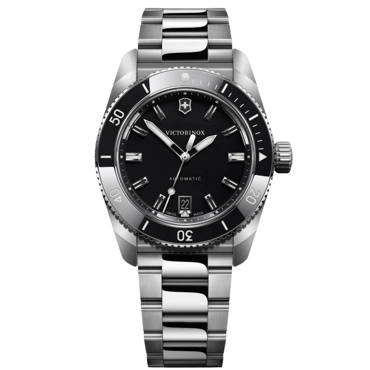 Victorinox Maverick 242105 39mm automatic mens watch front view showing black dial, rotating bezel, date window, and steel bracelet