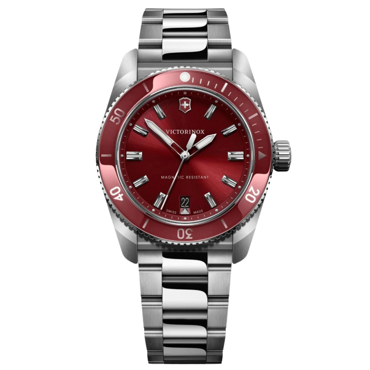 Victorinox Maverick 242098 mens 39mm watch front view featuring a red dial, matching red bezel, silver hands, and stainless steel bracelet