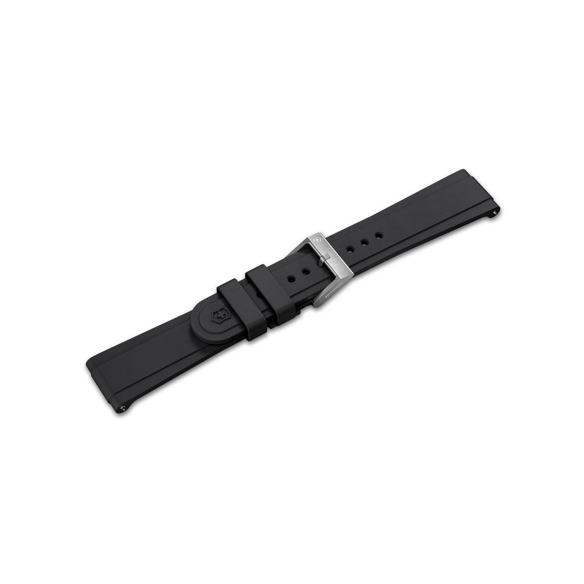 Victorinox Premium V.60107 black 21mm rubber watch strap shown secured with metal pin buckle and dual loops