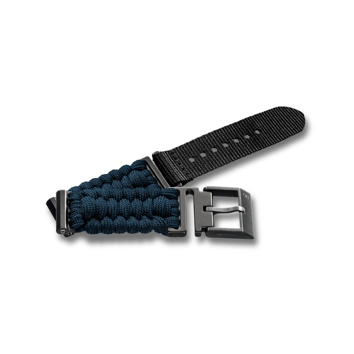 Victorinox Handwoven V.60088 blue paracord replacement strap angled view showing black hardware, woven cord texture, and tail end