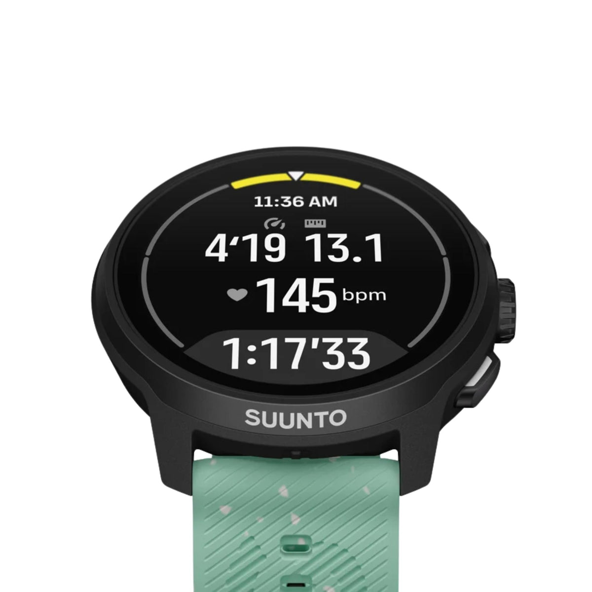 Suunto Run 2 SS051641000 close-up perspective showing active run tracking metrics on AMOLED screen