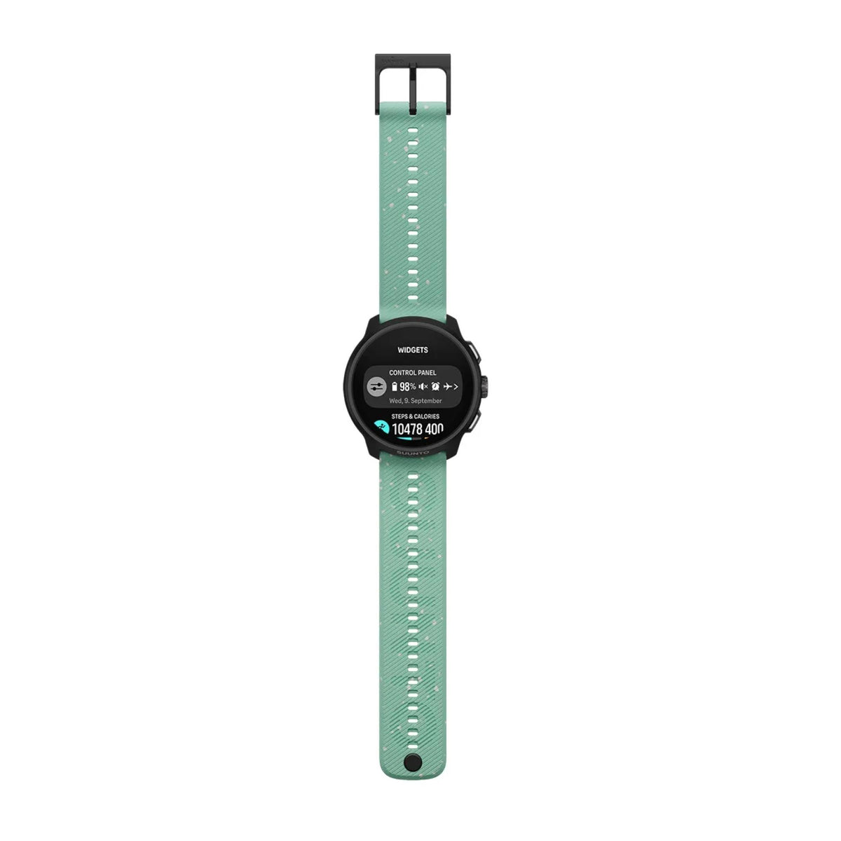 Suunto Run 2 SS051641000 full length view displaying widget screen layout and extended aloe green silicone strap