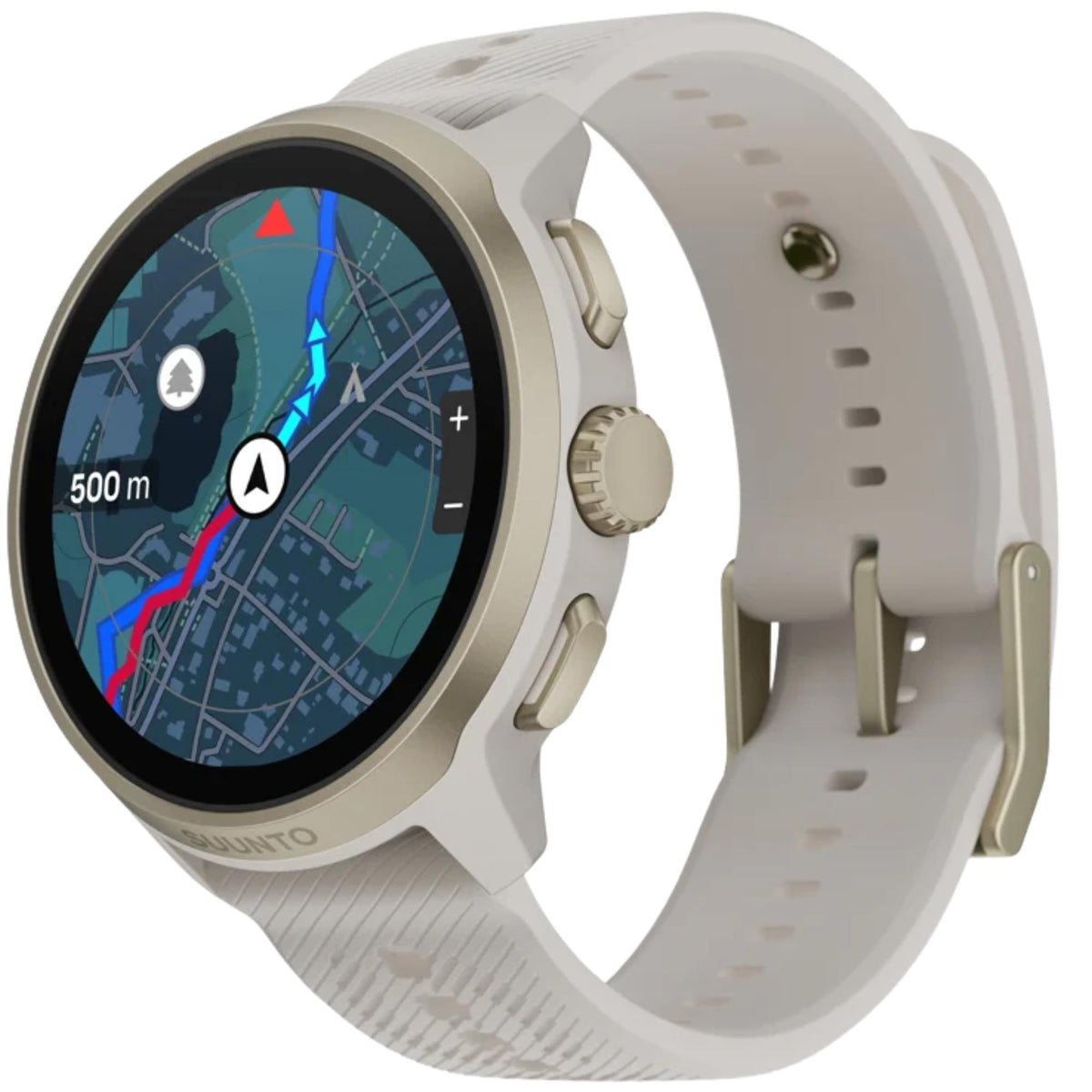 Suunto Run 2 SS051724000 side view showcasing pushers, digital crown, map display, and buckle closure