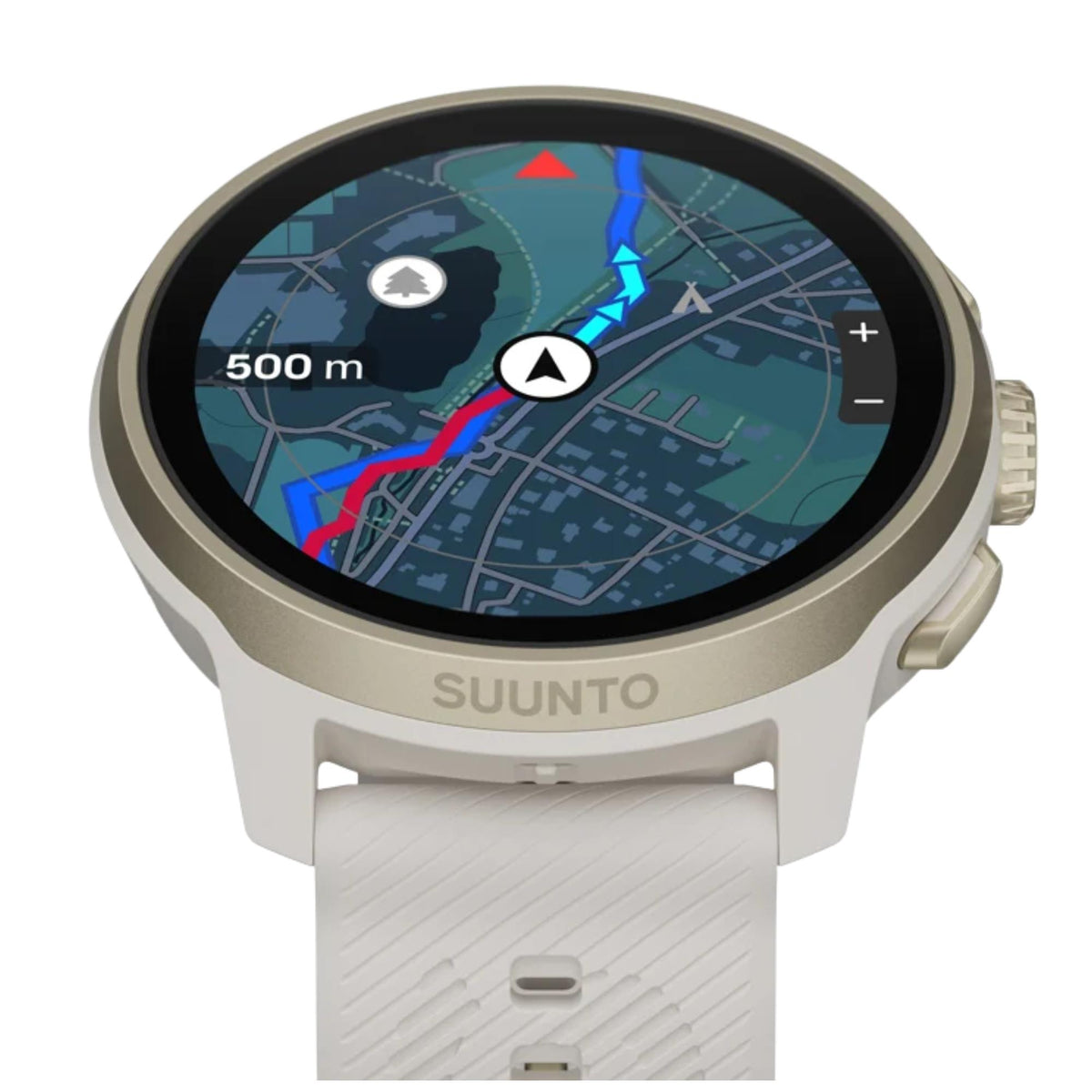 Suunto Run 2 SS051724000 close-up view displaying map navigation feature on AMOLED screen with feather gold silicone strap