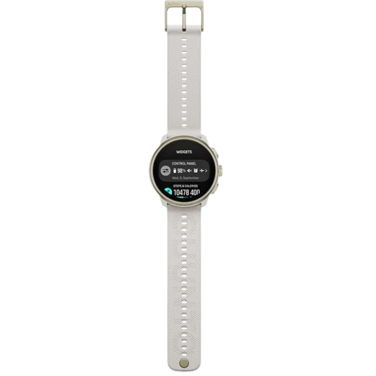 Suunto Run 2 SS051724000 full front view showing widgets screen layout and feather gold silicone strap