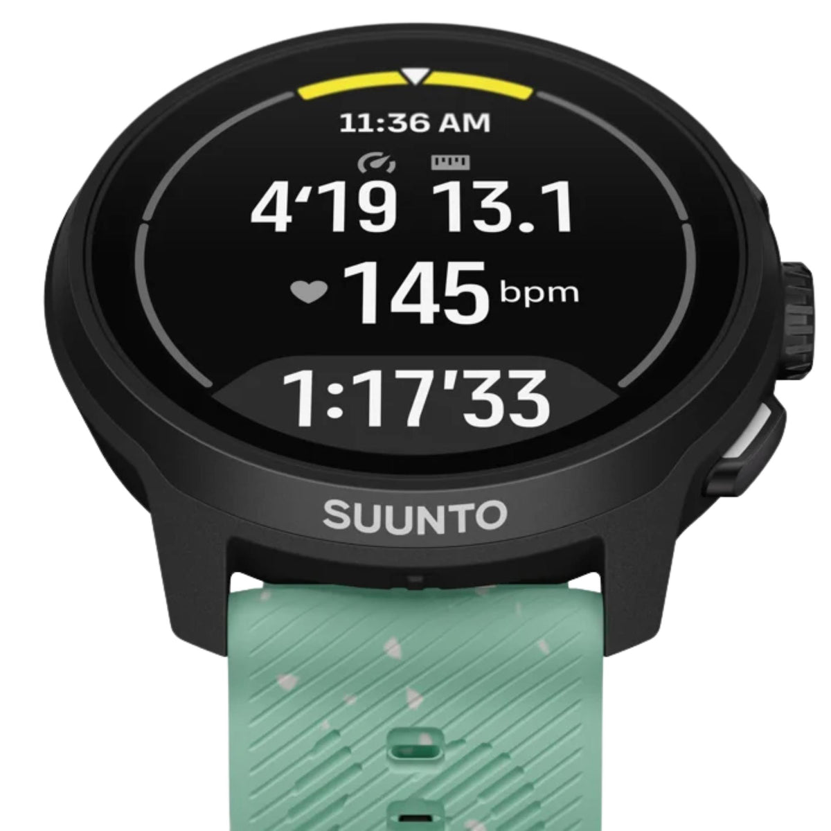 Suunto Run 2 SS051725000 close-up view displaying training metrics on black case profile with aloe green silicone strap